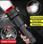 High-Power LED Torch Light – Rechargeable Flashlight with Tactical Hammer & Power Bank With Box