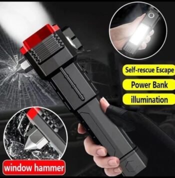 High-Power LED Torch Light – Rechargeable Flashlight with Tactical Hammer & Power Bank With Box